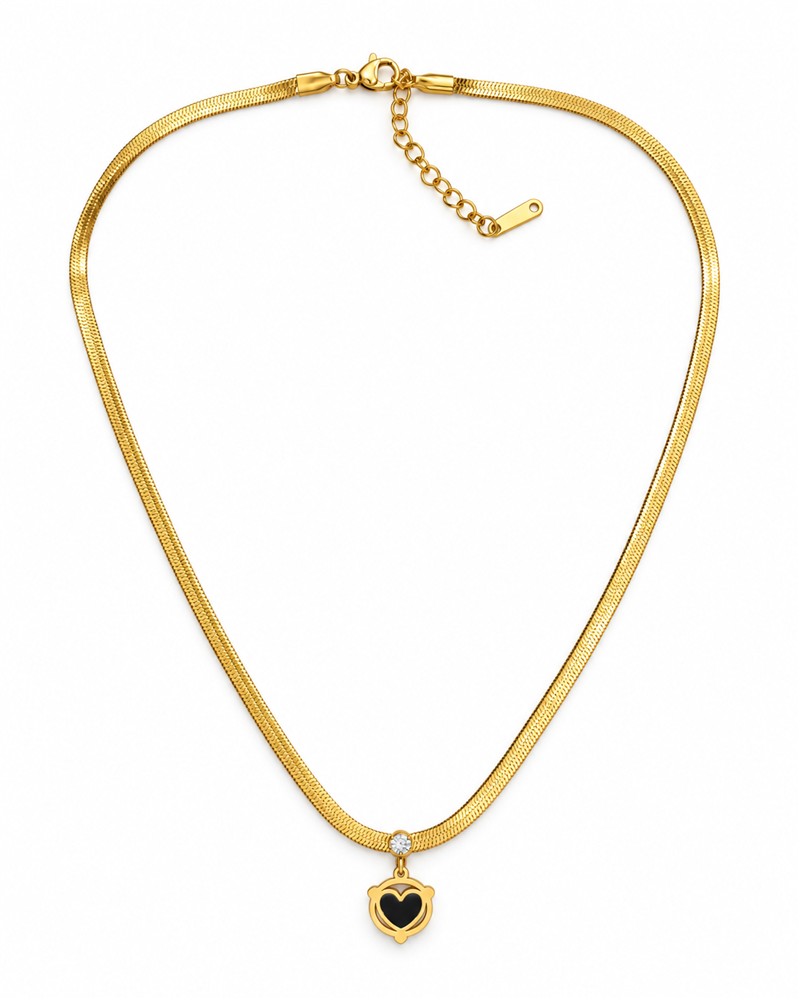 Gold Black Heart Snake Chain Necklace